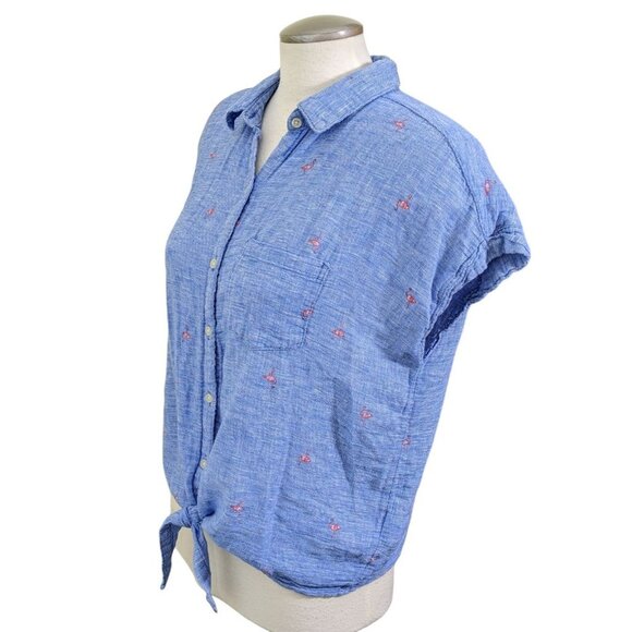 Old Navy Womens Button Up Tie Front Shirt Size L Blue Linen Cotton Flamingos - Picture 2 of 9